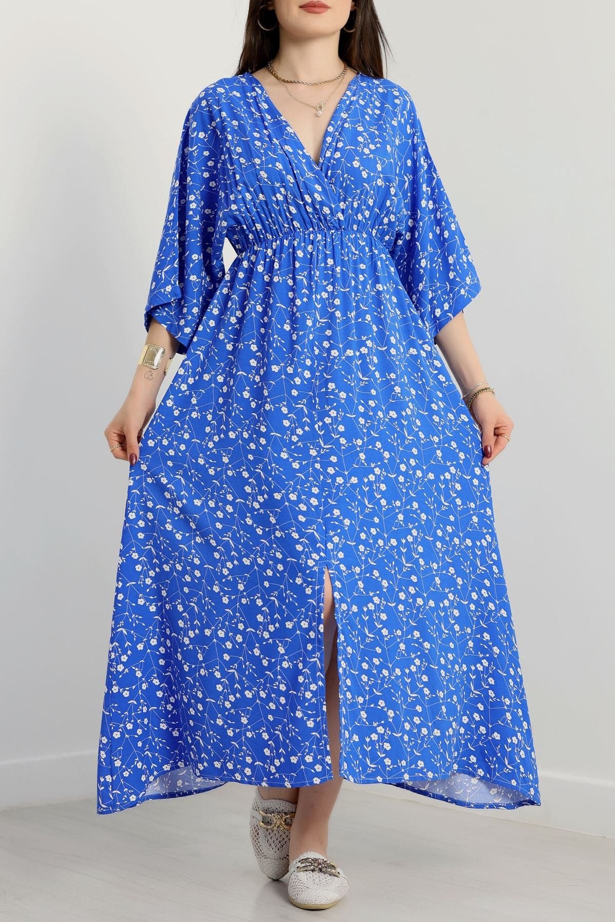 Kruvaze Yaka Desenli Elbise Saksbeyaz - 90354.1247.