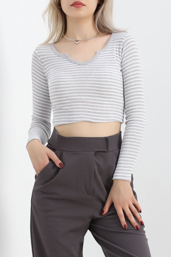 Çizgili Crop Bluz Gri - 11897.1567.