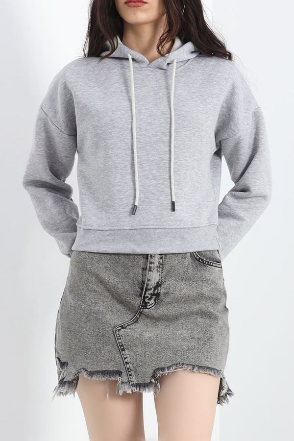 3 İplik Kapşonlu Crop Sweat Gri - 20959.1878.