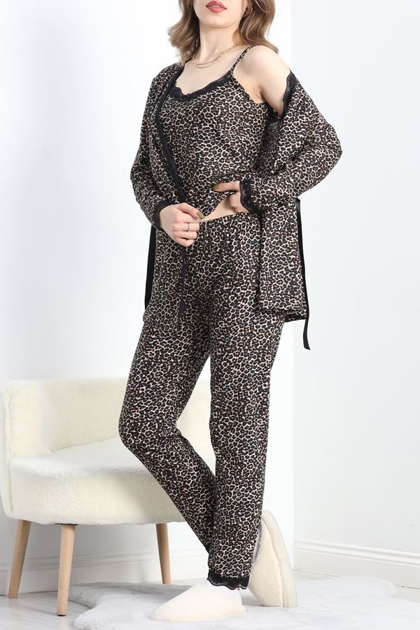 3'Lü Süet Set Pijama Takımı Leopar - 30164.1050.