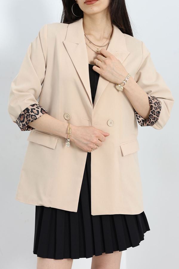 Leopar Astarlı Poliviskon Blazer Ceket Bej - 50028.1775.