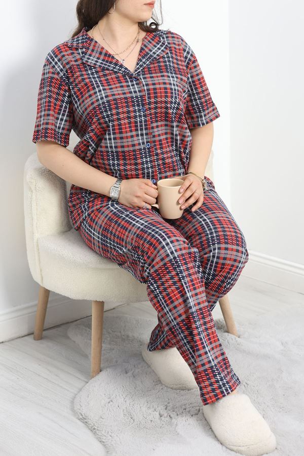 Büyük Beden Düğmeli Süprem Pijama Takımı Lacivert - 50350.919.
