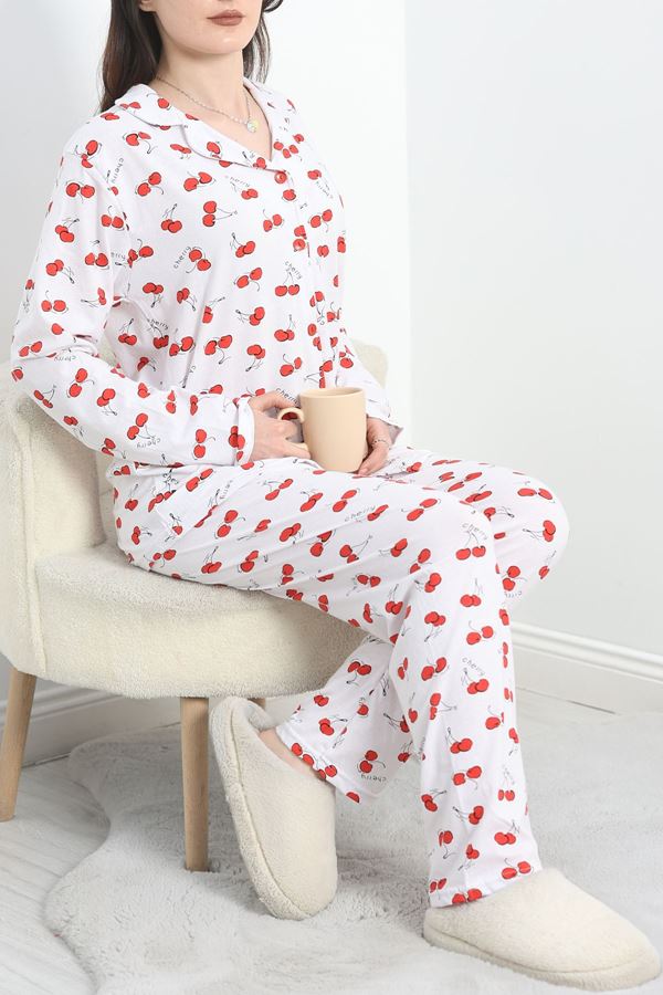 Süprem Düğmeli Pijama Takımı Beyazkiraz - 50160.1857.