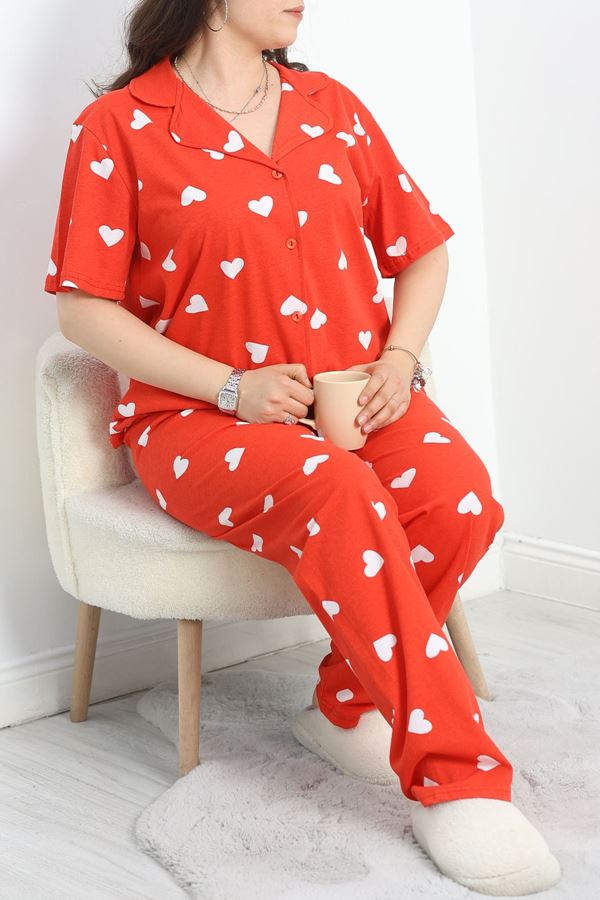 Büyük Beden Düğmeli Süprem Pijama Takımı Kırmızıbeyaz - 50350.919.