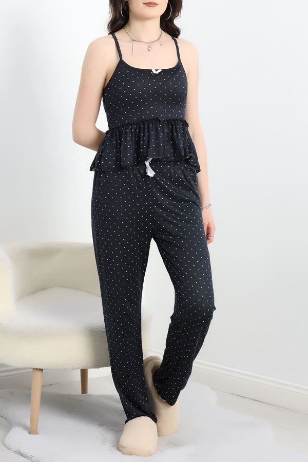 Milan Kumaş Fırfırlı Pijama Takımı Siyahpuantiye - 50182.1857.