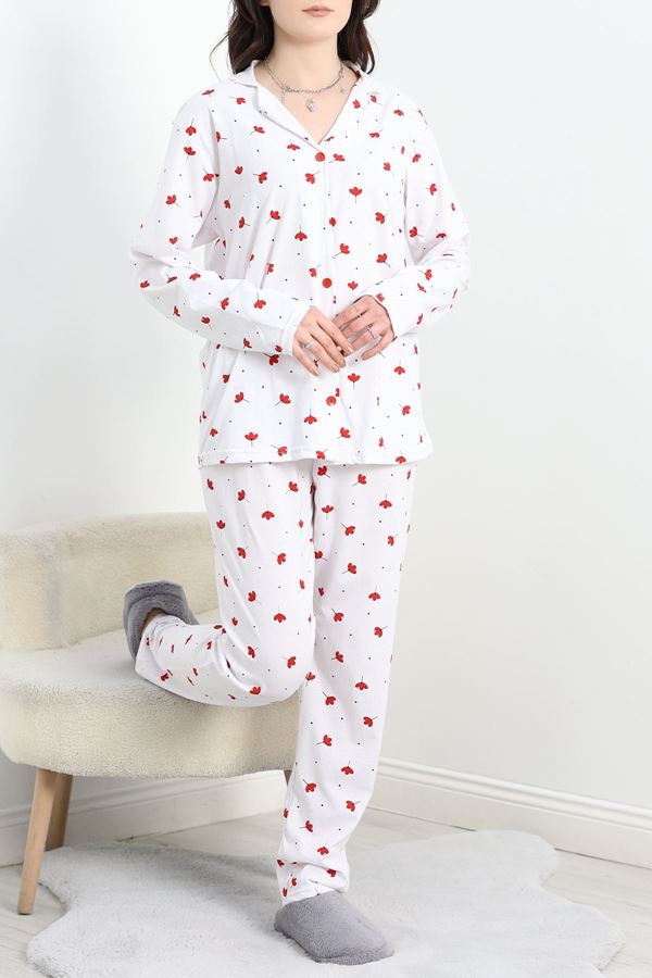 Süprem Düğmeli Pijama Takımı Beyazkırmızı - 50160.1857.