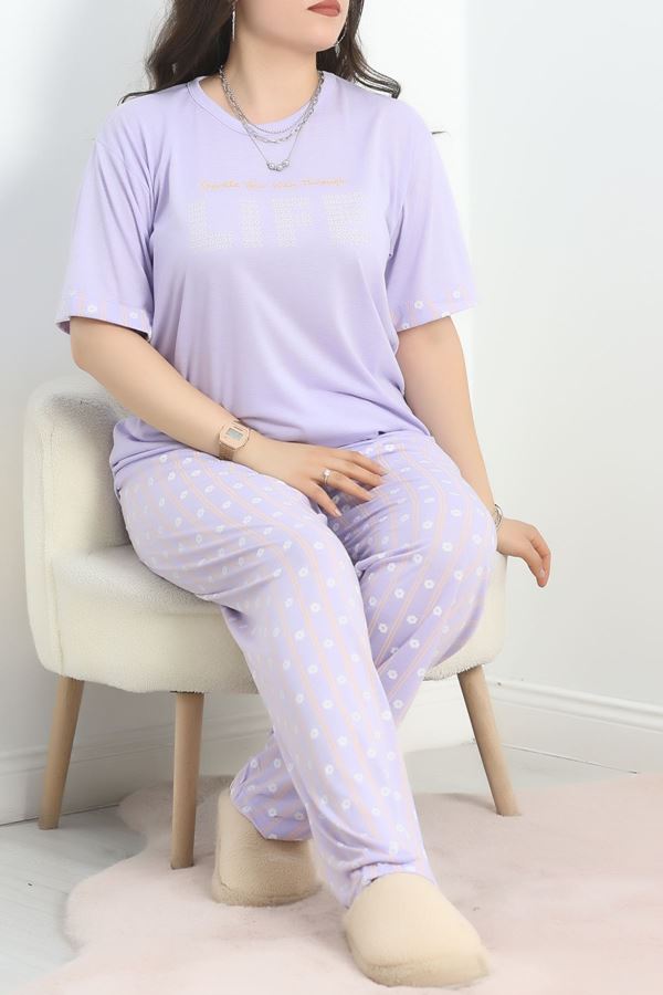 Büyük Beden Poliviskon Pijama Takımı Lila - 40640.1049.
