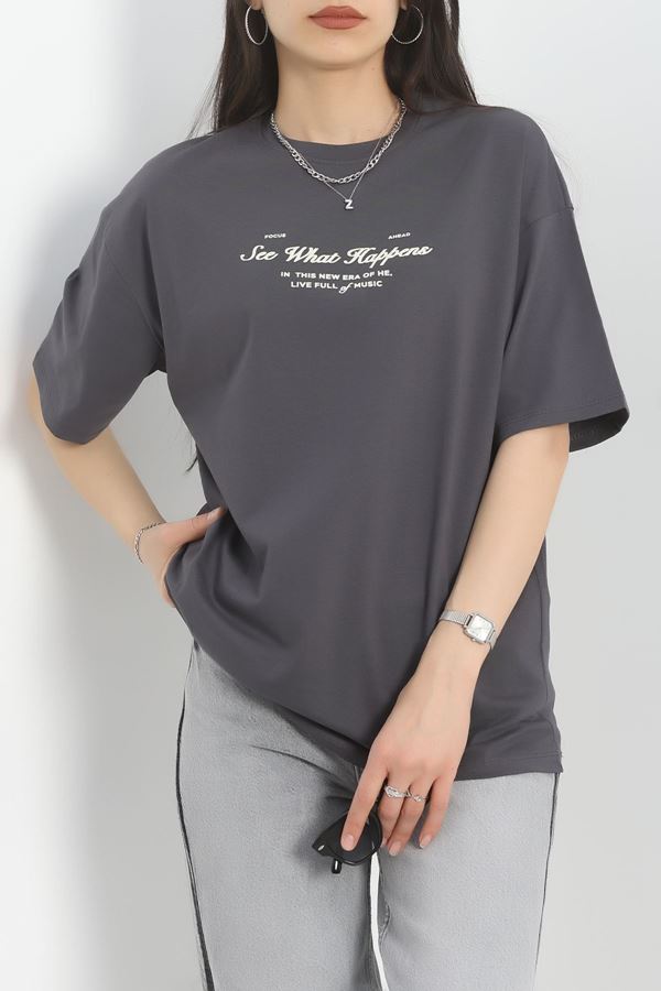 Baskılı Oversize Tişört Antrasitbeyaz - 40637.1872.
