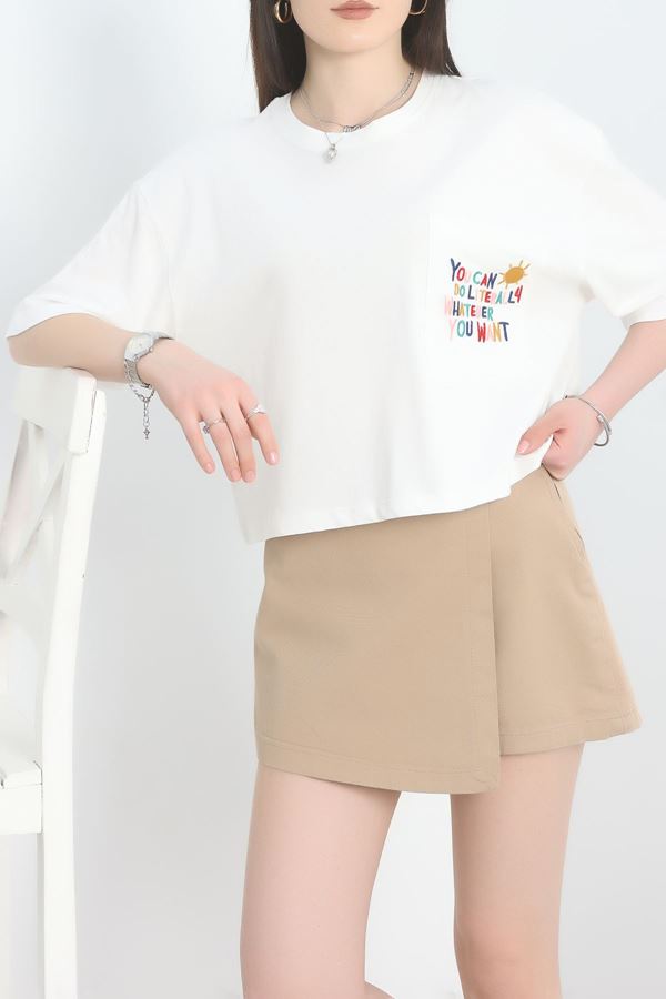 Nakış Detay Oversize Crop Tişört Beyaz1 - 30613.1872.