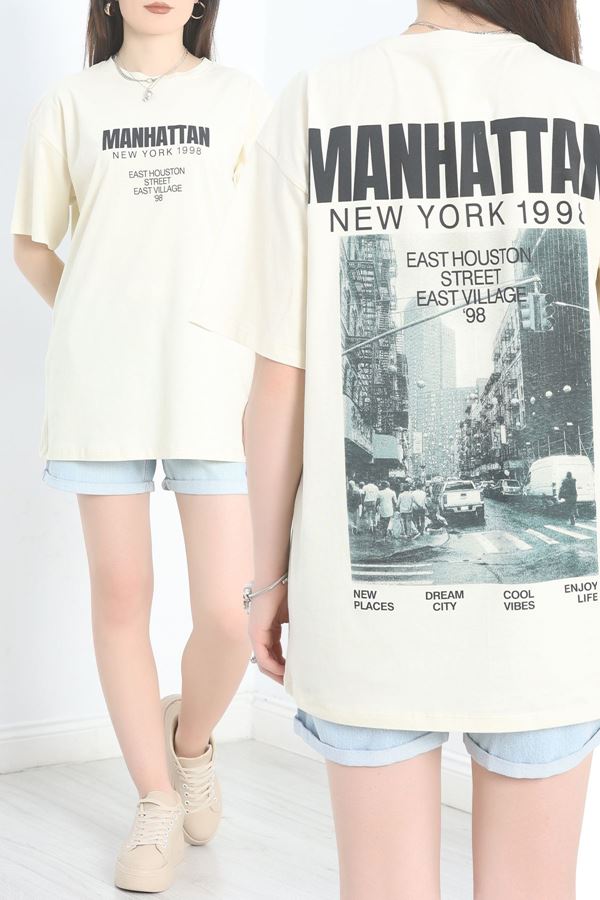 Baskılı Oversize Tişört Vizon - 40649.1872.