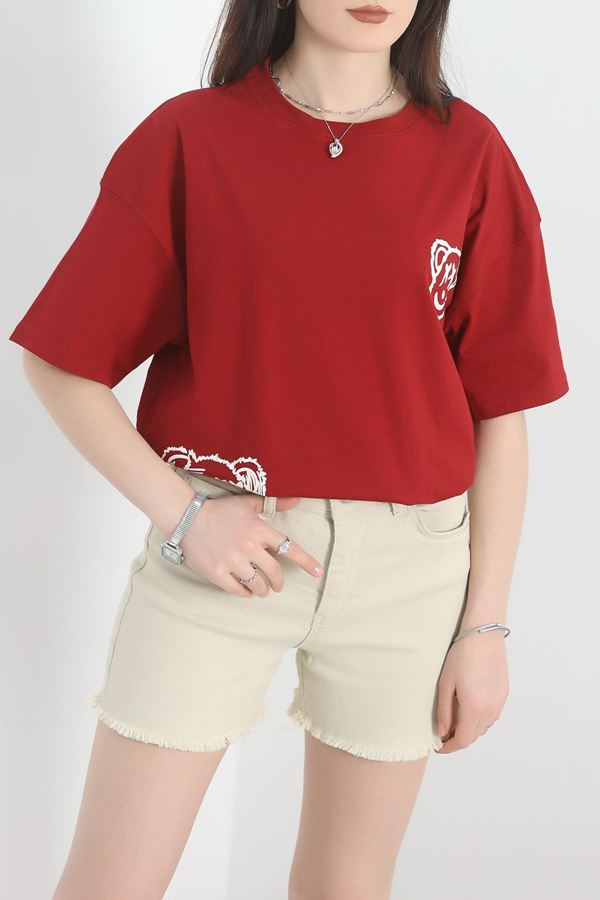 Baskılı Oversize Tişört Bordo - 40649.1872.