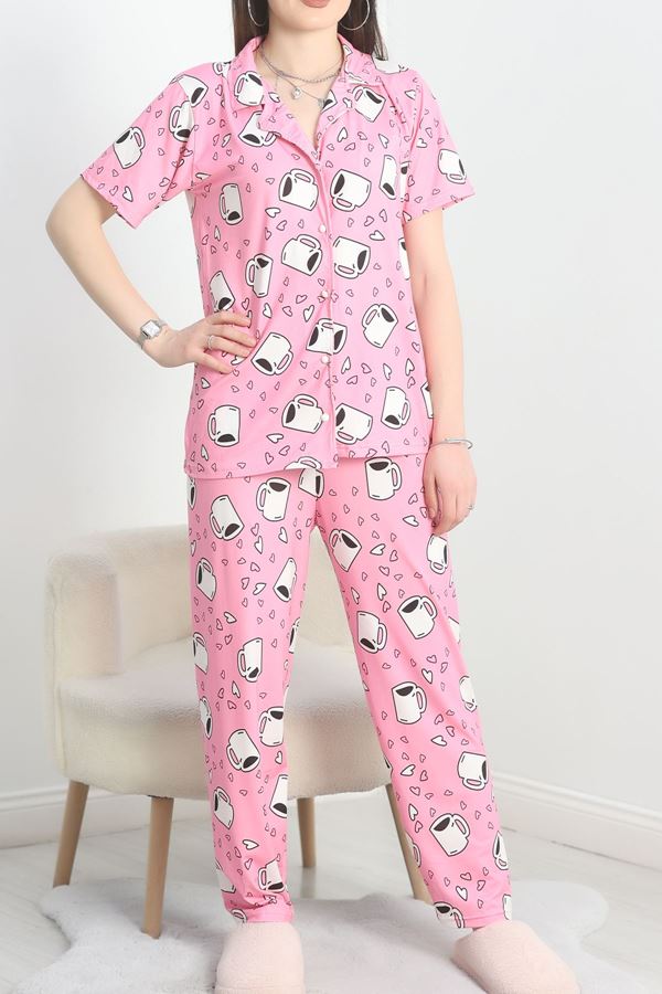 Milan Kumaş Düğmeli Pijama Takımı Pembe - 50415.1951.