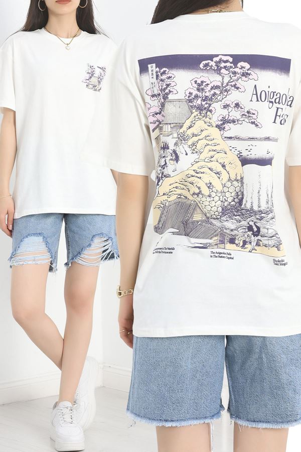 Baskılı Oversize Tişört Beyazlila - 40637.1872.