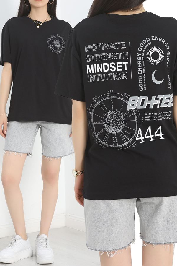 Baskılı Oversize Tişört Siyahgri - 40637.1872.