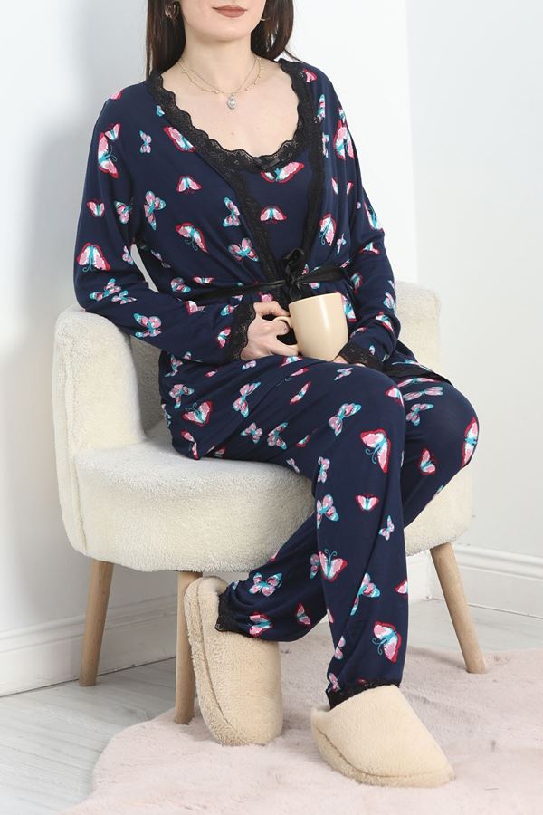 Viskon 3'Lü Set Pijama Takımı Lacivert - 70099.1050.