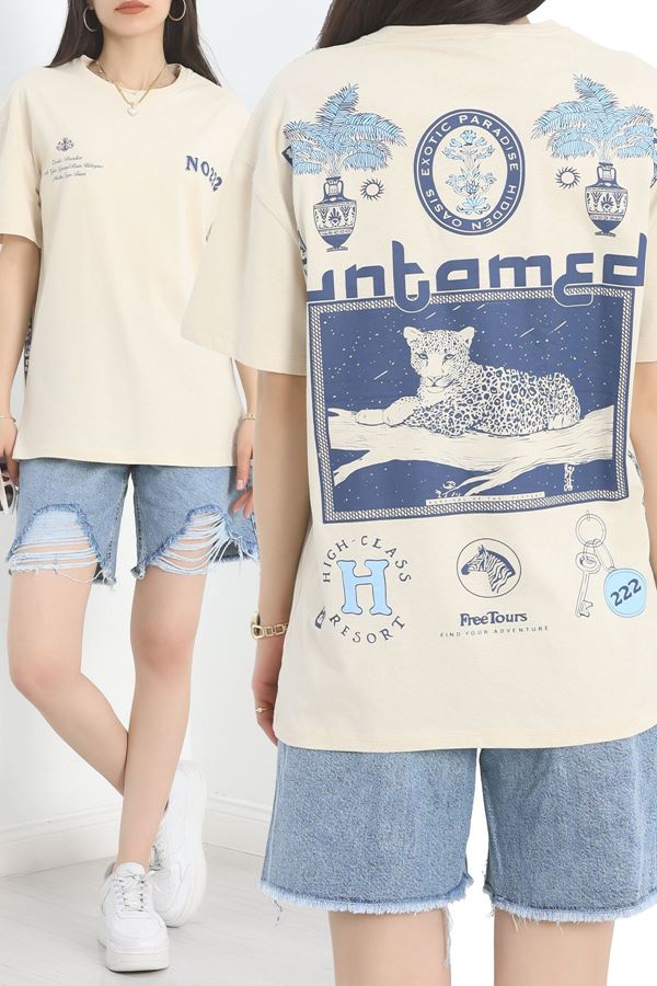Baskılı Oversize Tişört Bejmavi - 40649.1872.