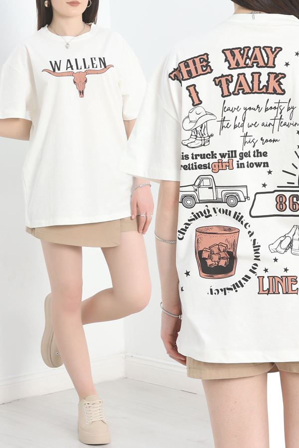 Baskılı Oversize Tişört Ekrusiyah - 40649.1872.