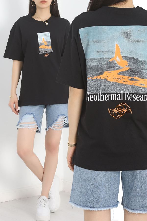 Baskılı Oversize Tişört Siyahturkuaz - 40649.1872.
