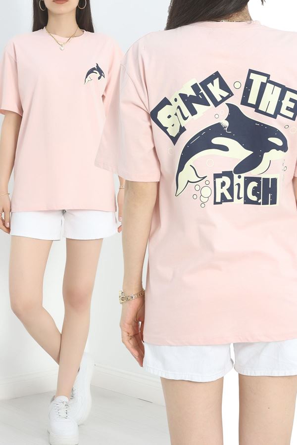 Baskılı Oversize Tişört Tozpembe - 40649.1872.
