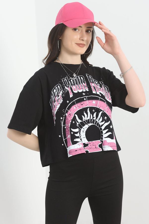Baskılı Oversize Crop Tişört Siyahpembe - 30391.1872.