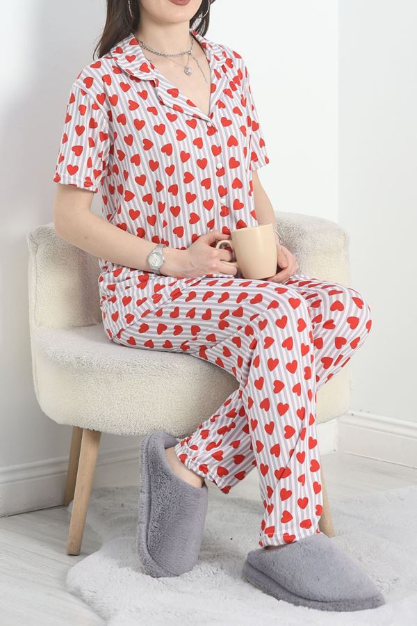 Milan Kumaş Düğmeli Pijama Takımı Grikırmızı - 70455.1048.