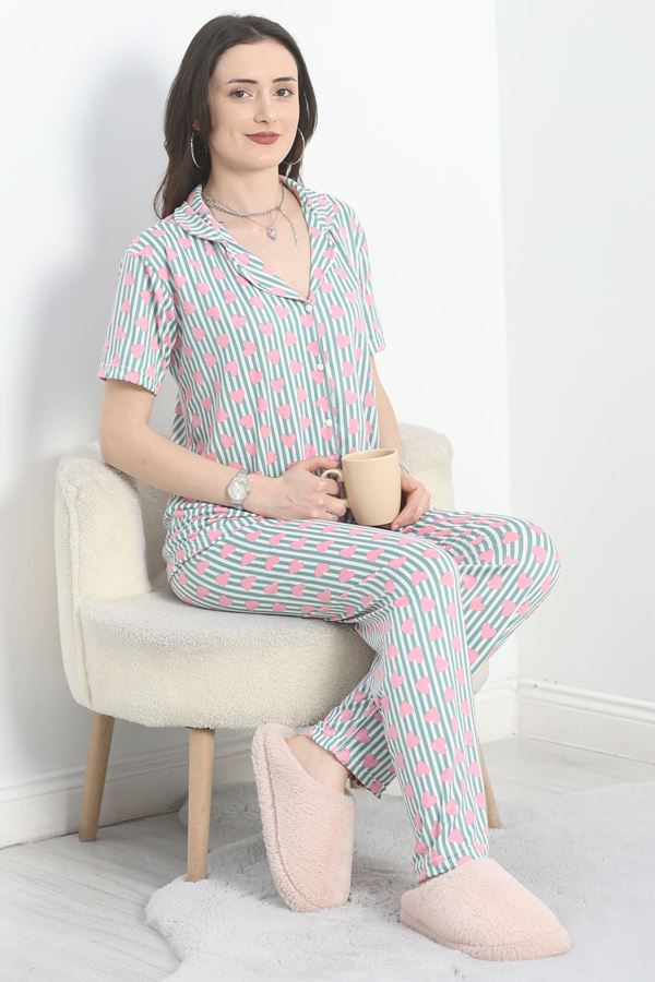 Milan Kumaş Düğmeli Pijama Takımı Mintbeyaz - 70455.1048.