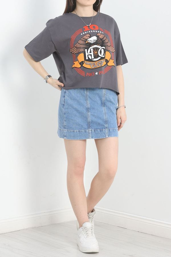 Baskılı Oversize Crop Tişört Antrasit - 30391.1872.