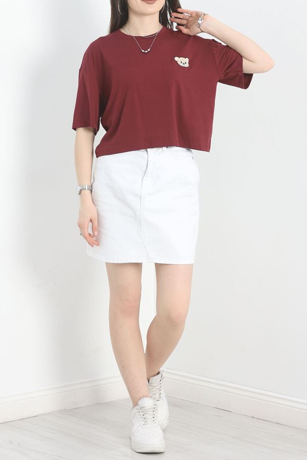 Baskılı Oversize Crop Tişört Bordo - 30391.1872.