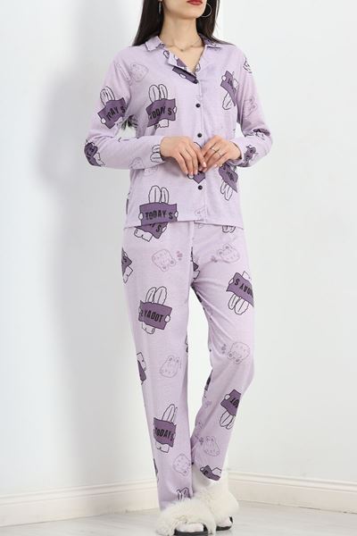 Önü Düğmeli Pijama Takımı Lila - 150.1287.