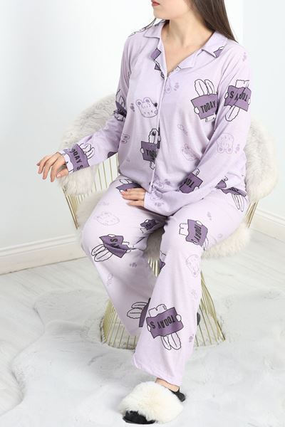 Baskılı Battal Pijama Takımı Lila - 778.1287.