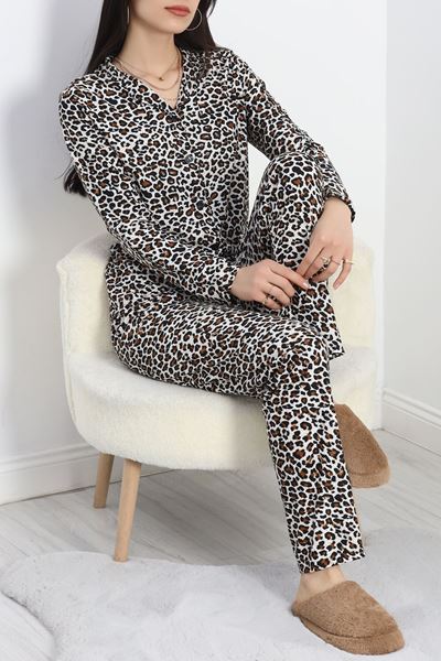 Düğmeli Süet Pijama Takımı Leopar - 50039.1857.