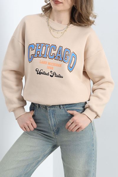 3 İplik Baskılı Unisex Sweat Bej - 30188.1878.