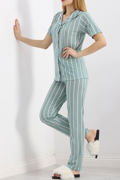 Düğmeli Pijama Takımı Mintçizgili - 18948.1567.