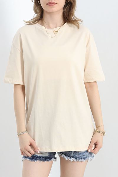 Oversize Kısa Kol Bisiklet Yaka Tişört Bej - 21752.200.