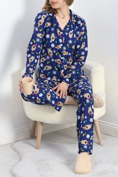 Düğmeli Süet Pijama Takımı Saks - 30244.1050.