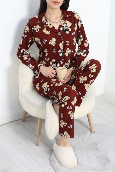 Düğmeli Süet Pijama Takımı Bordo - 30244.1050.