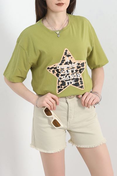 Baskılı Oversize Tişört Yağyeşili - 22612.1878.