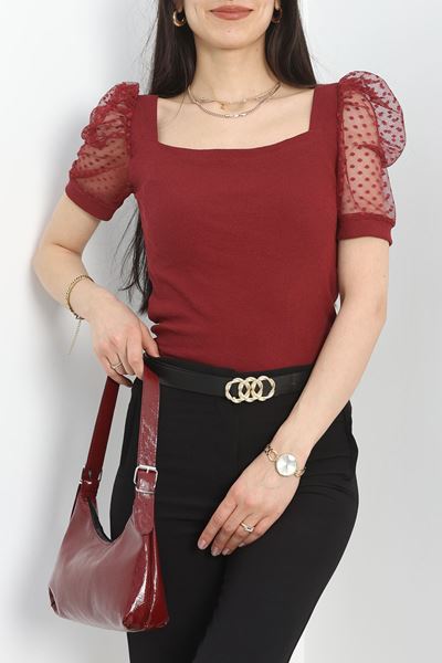 Kol Tül Detaylı Kaşkorse Bluz Bordo - 40252.1960.