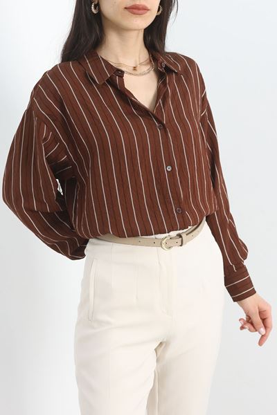 Çizgili Oversize Gömlek Kahve - 30497.308.