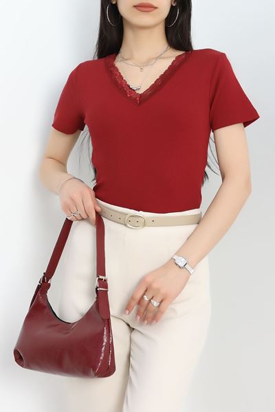 Dantel Detaylı V Yaka Kaşkorse Body Bordo - 70061.599.