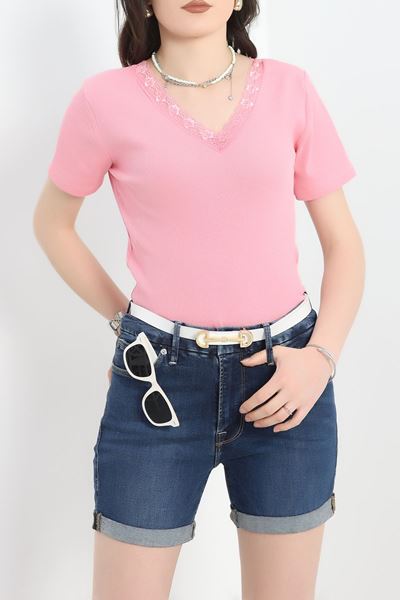Dantel Detaylı V Yaka Kaşkorse Body Pembe - 70061.599.