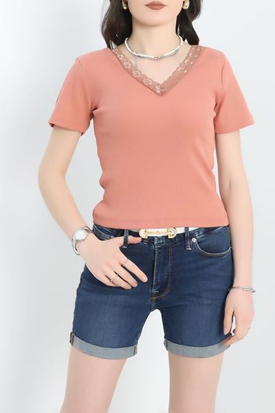 Dantel Detaylı V Yaka Kaşkorse Body Somon - 70061.599.